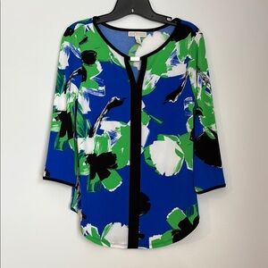 Dana Buchman Abstract Blue Green 3/4 Sleeve Silky Blouse size small